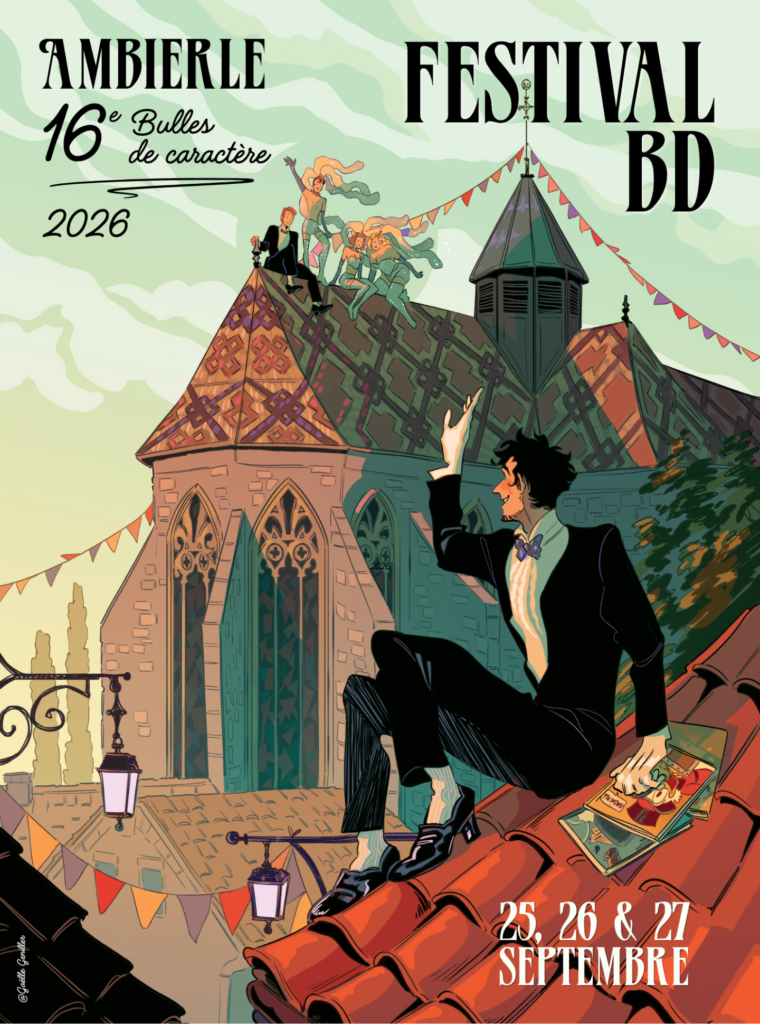 Affiche festival BD ambierle 2026 homme levant main devant prieuré ambierle