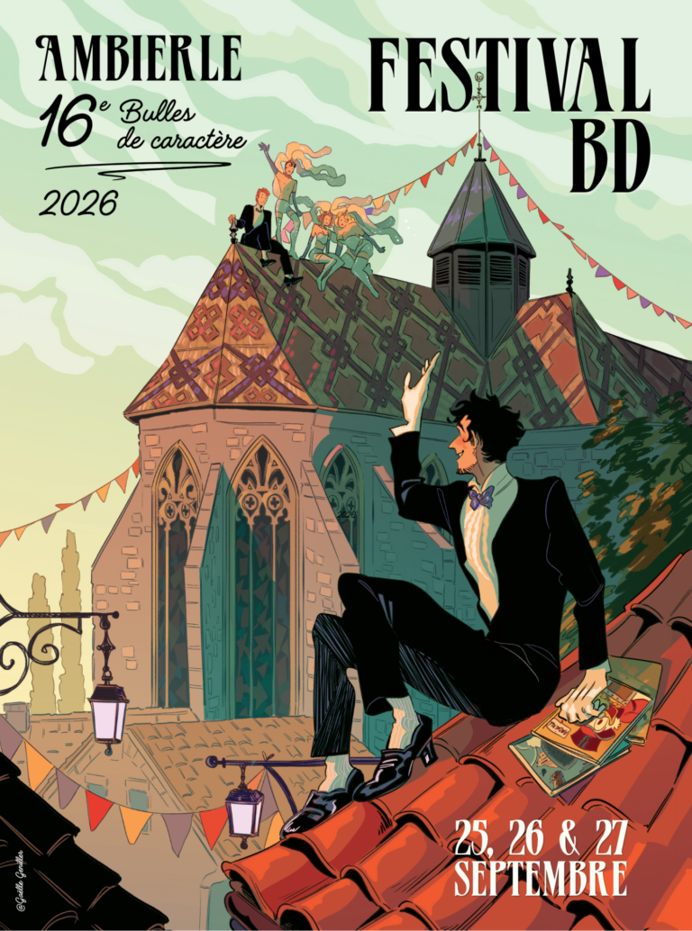 Affiche festival BD ambierle 2026 homme levant main devant prieuré ambierle
